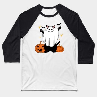 Ghost Cat with Pumpkin Halloween Baseball T-Shirt